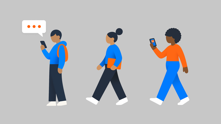 Illustration of three people walking while looking at their phones, on a gray background.