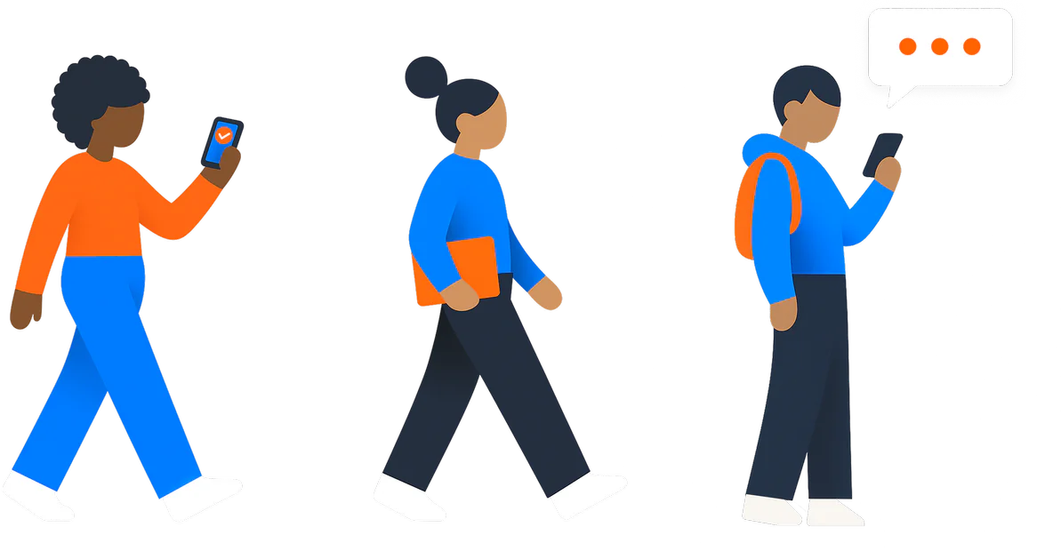 Illustration of three people walking while looking at their phones.