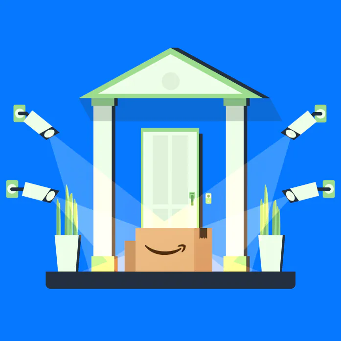 Illustration of a house entrance on a blue background with security cameras spotlighting an Amazon package at the door.