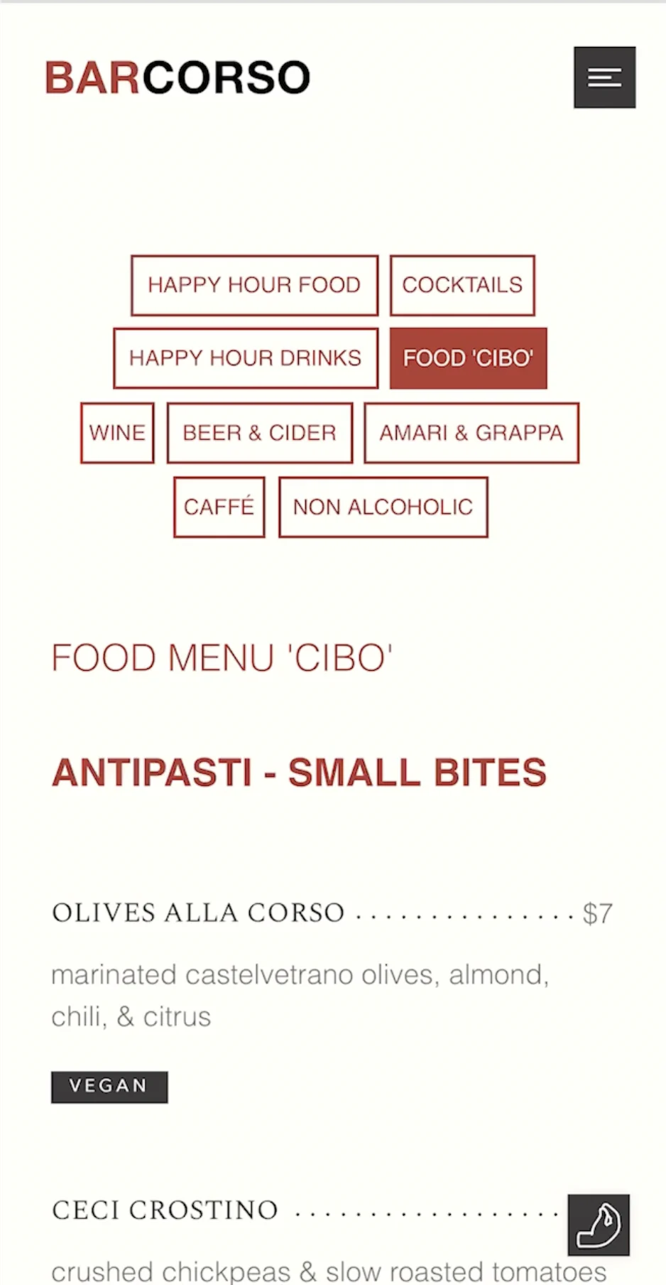 Bar Corso mobile menu design.