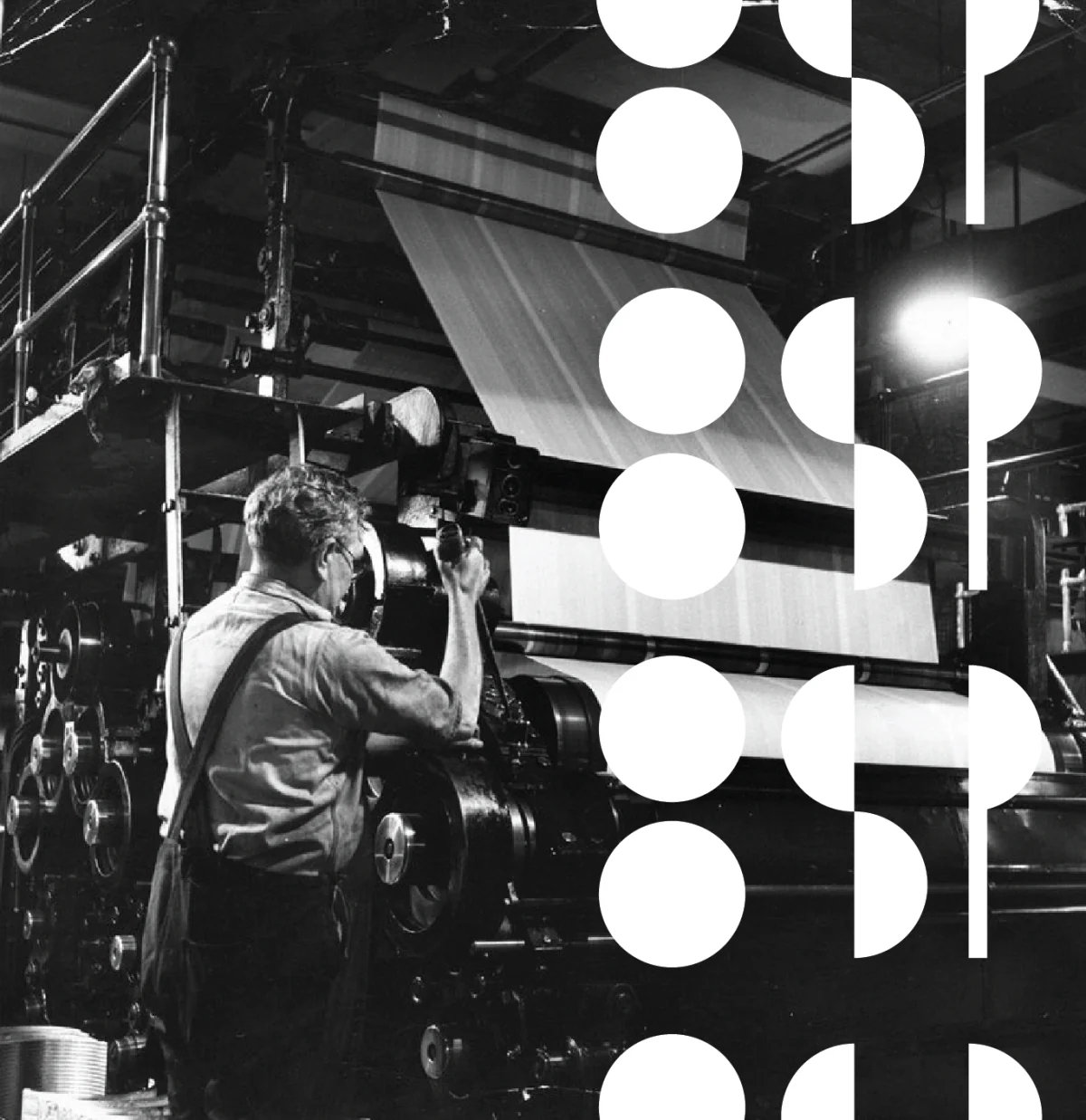 An offset printer operator at the press, overlaid with the Student Publications halftone mark.